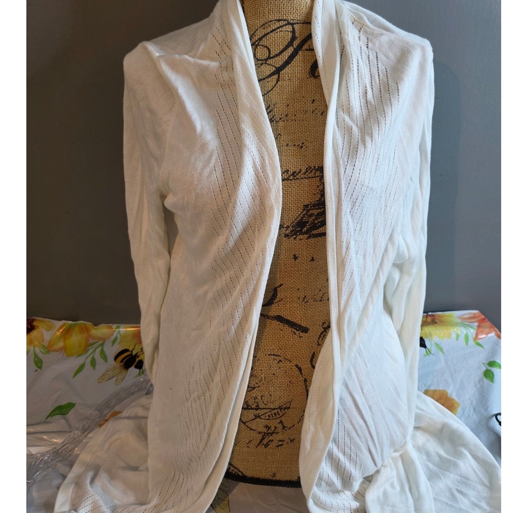 Joan Vass New York White Open Front Pointelle Knit Cardigan Sweater Large